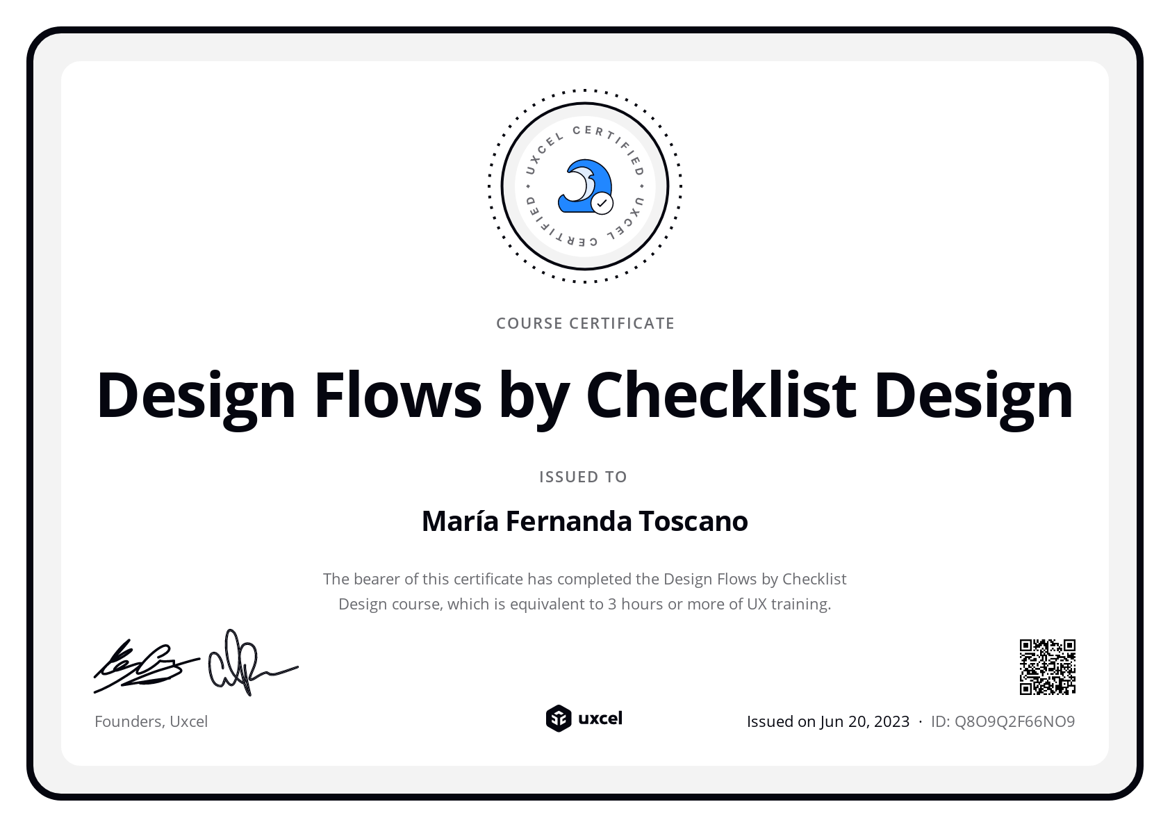 María Fernanda Toscano's certificate